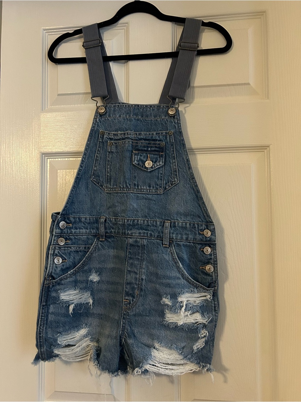 American Eagle Outfitters Distressed Blue Denim Short Overalls
